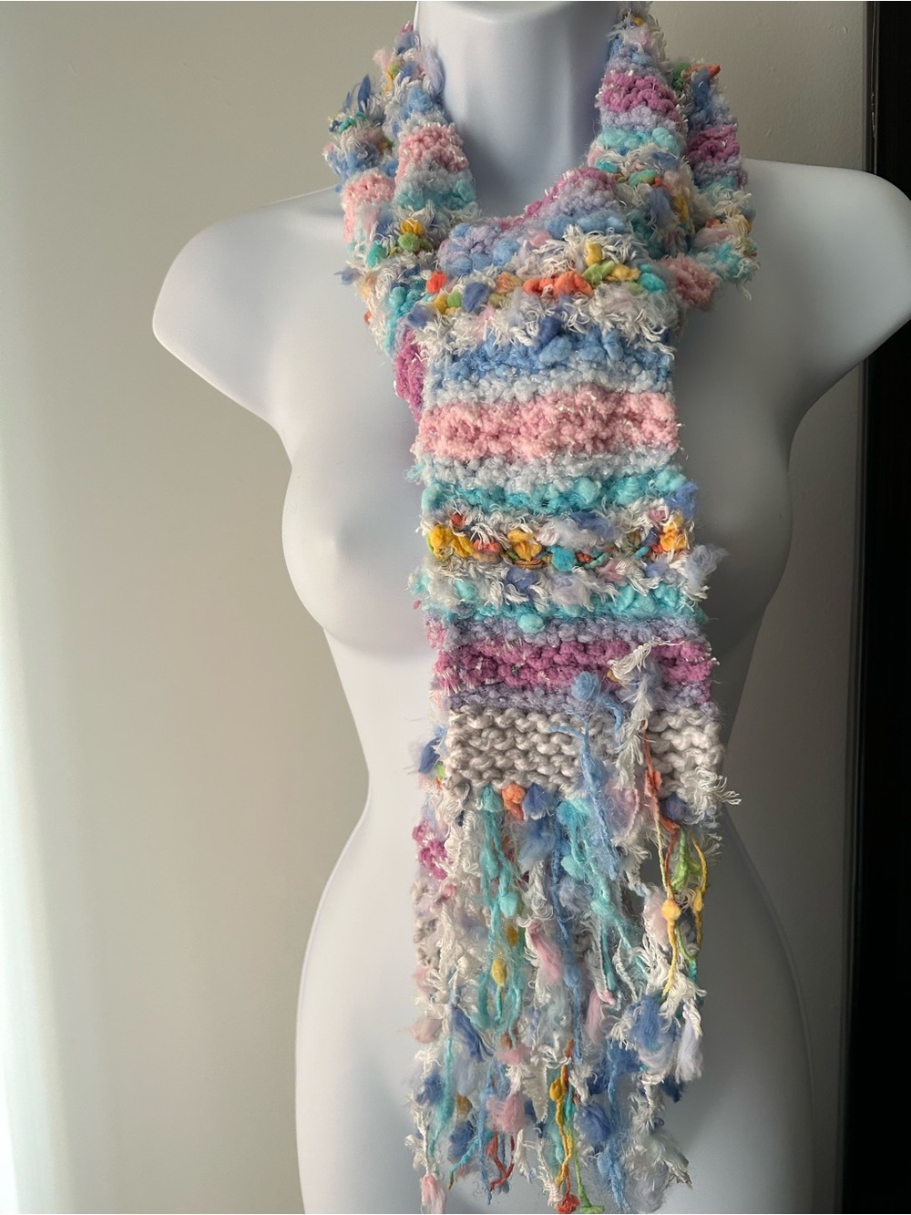 Pastel Multicolor Hand-Knit Fringe Scarf - Lightweight Women's Wrap